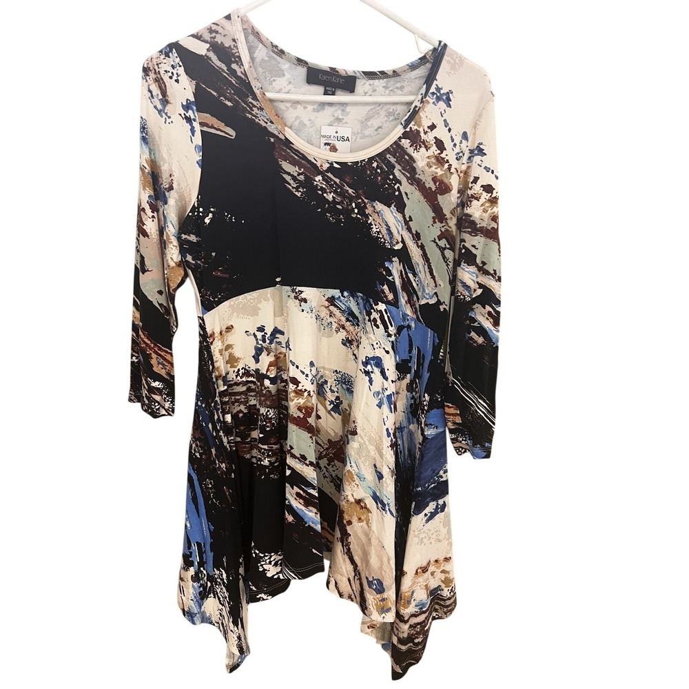 KAREN KANE Melrose Handkerchief Tunic Top Blue Black Beige 3/4Sleeves Size Large